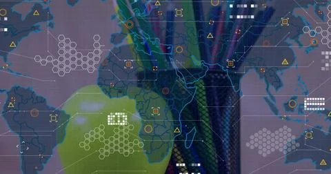Displaying stylized world map at map center, showing grid, hex clusters, node Stock Illustration