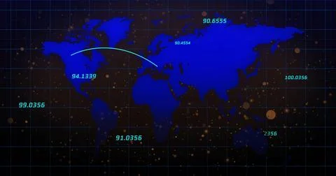 Displaying stylized world map on navy dashboard showing cyan arc and grid wit 스톡 일러스트