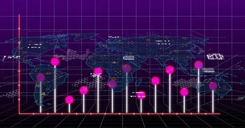 Displaying stylized world map on neon grid interface, with magenta data markers 스톡 일러스트