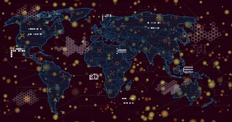 Displaying stylized world map with neon-blue outlines on maroon UI showing nodes Stock Illustration