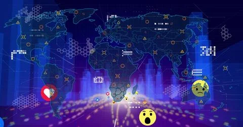 Displaying stylized world map with neon outlines in dashboard, hex clusters, Stock Illustration