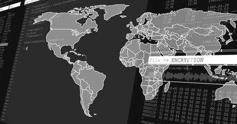 Displaying stylized world map on operations dashboard, showing File  ENCRYPTION Stock Illustration