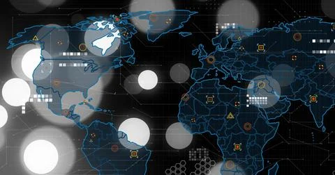 Displaying stylized world map outline on digital interface, with layered circles Stock Photos