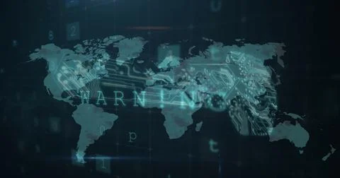 Displaying stylized world map over virtual network backdrop, with glowing Stock Photos