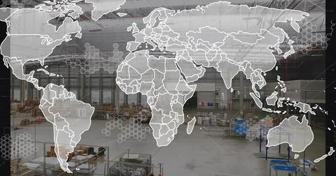 Displaying stylized world map overlay covering industrial hangar interior, with Illustration