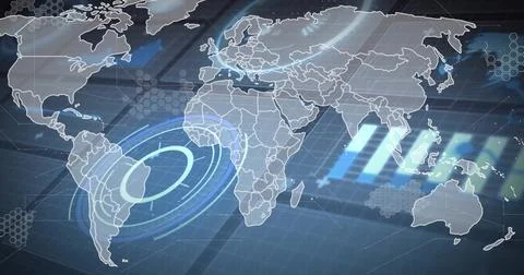 Displaying stylized world map overlay on navy grid, showing radar rings over Stock Illustration