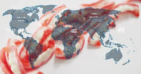 Displaying stylized world map overlay on white surface, showing twisted red-w Stock Photos