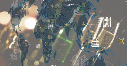 Displaying stylized world map overlay in digital backdrop, showing hex grids, Stock Photos