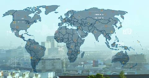 Displaying stylized world map overlay over city skyline from rooftop view, Stock Photos