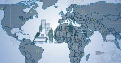 Displaying stylized world map overlaying blue hex grid, highlighting server Illustrazione stock