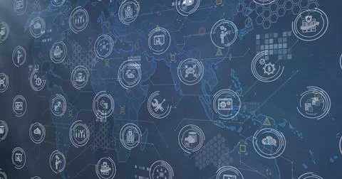Displaying stylized world map overlaying dark blue dashboard, with circular Stock Illustration