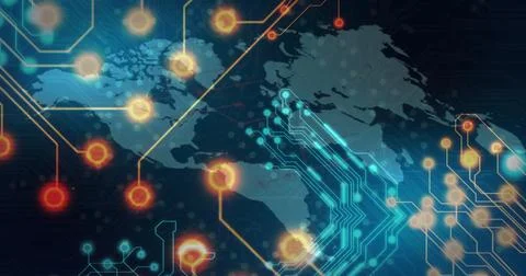 Displaying stylized world map overlaying network circuitry in digital space, Stock Photos