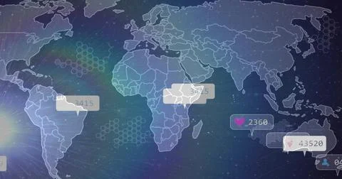 Displaying stylized world map pulsing across dark blue dashboard, with speech イラスト素材