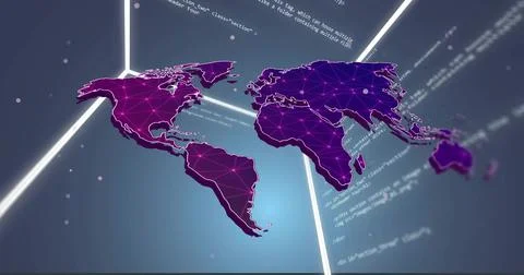 Displaying stylized world map pulsing with network nodes and neon outlines in Illustrazione stock