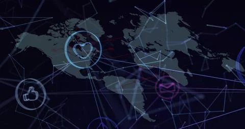 Displaying stylized world map pulsing neon lines in dark dashboard, with heart Stock Illustration