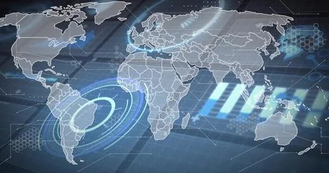 Displaying stylized world map pulsing on dashboard, with concentric radar rings Stock Illustration