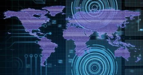 Displaying stylized world map with purple continents on digital HUD, showing Stock Photos