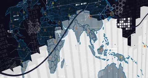 Displaying stylized world map with rising white bars in digital dashboard, Stockillustratie