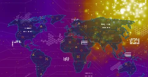 Displaying stylized world map showing data on purple-gold dashboard, hexagons 스톡 일러스트
