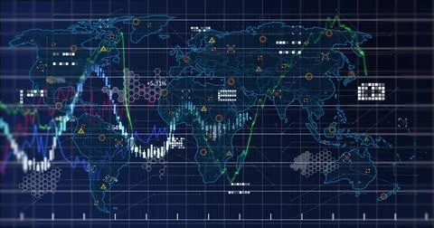 Displaying stylized world map showing live market data on dashboard, with Illustrazione stock