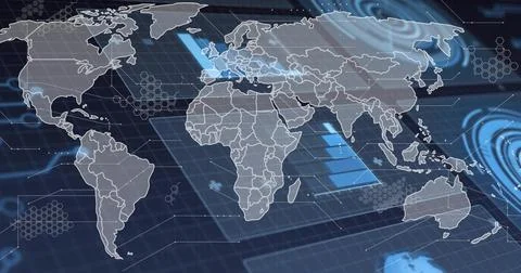 Displaying stylized world map showing continent borders on interface, with hex Stock Illustration