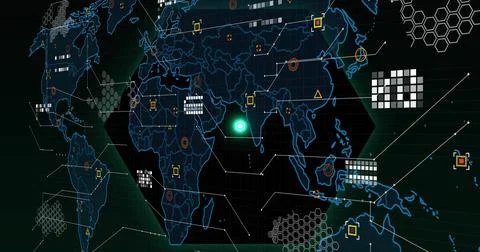 Displaying stylized world map showing green node, white matrix blocks and hex Stock Illustration