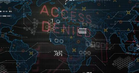 Displaying stylized world map showing cyber overlays on dark grid dashboard, Stock Illustration