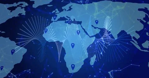 Displaying stylized world map showing data network on digital mesh background, Stock Photos