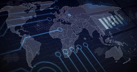 Displaying stylized world map showing glowing nodes, links, hex patterns and bar 스톡 사진