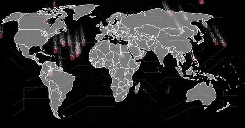 Displaying stylized world map streaming binary digits in data dashboard, showing Stock Photos