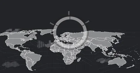 Displaying stylized world map with translucent radial chart on dark dashboard, Stock Illustration