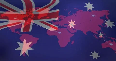 Displaying stylized world map with Union Jack overlay and stars on deep blue Stock Illustration