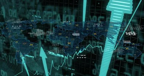 Displaying stylized world map on virtual dashboard, showing hex clusters, 3D Stockfoto's