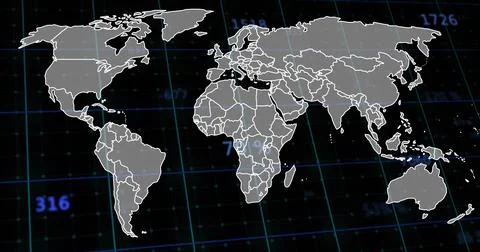 Displaying stylized world map with white outlines on digital dashboard showin Illustrazione stock