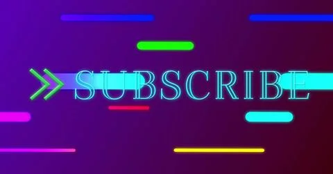 Displaying SUBSCRIBE text glowing on digital banner, with green chevron arrow 库存照片