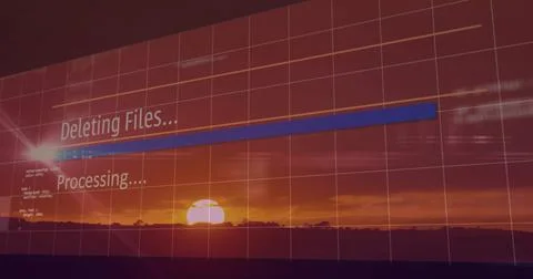 Displaying sunset grid overlay on conference screen, with blue progress bar and Stock Photos