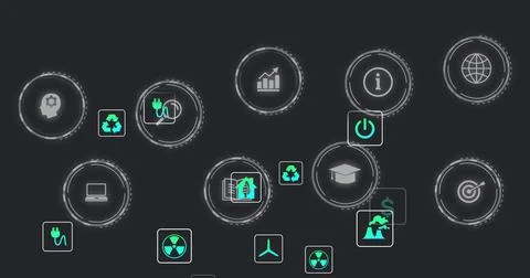 Displaying sustainable technology icons floating on dark digital screen, with Stock Illustration