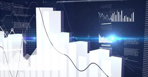 Displaying sweeping black line graph over white 3D bar chart on interface with Stock Illustration