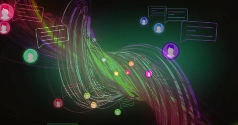 Displaying swirling neon data ribbons in digital scene, with user profile icons Stock Photos
