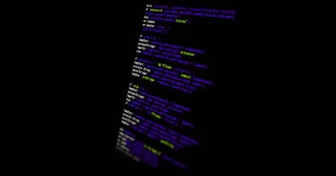 Displaying syntax code column tilting in dark background, blurred edges, black Stock Photos
