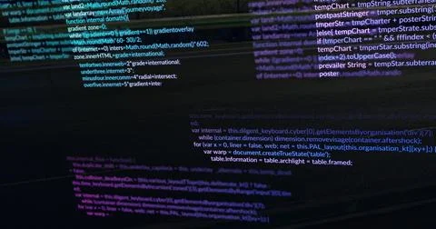 Displaying syntax-colored JavaScript code on widescreen monitor in dim studio, Stock-Illustration