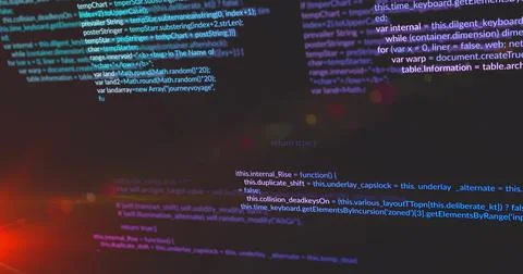 Displaying syntax-highlighted code scrolling on dark-themed code editor, with Stock Illustration