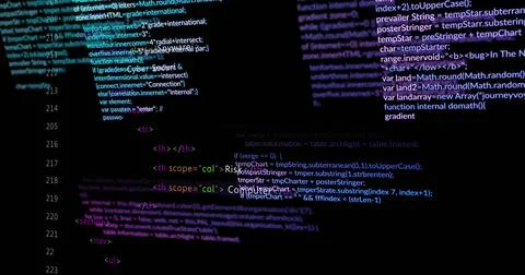 Displaying syntax-highlighted source code on computer monitor in dimly lit Stock Illustration