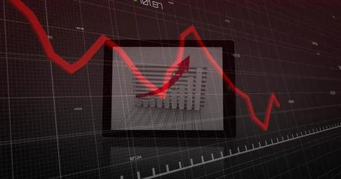 Displaying tablet with 3D bars, red arrow on dark grid, axis ticks, scale, Stock Illustration