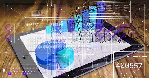Displaying tablet computer projecting layered data visualizations on wooden Stock Photos