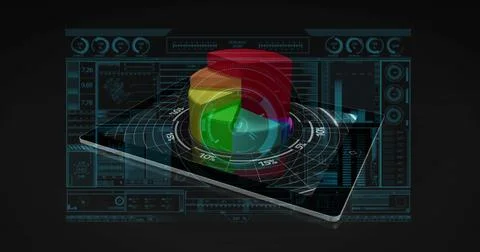Displaying tablet projecting segmented 3D pie chart in dark tech space with Stock Illustration