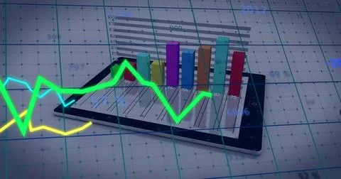 Displaying tablet showing 3D bars rising from screen in virtual dashboard, with Stock Photos
