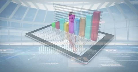 Displaying tablet with transparent analyst overlay projecting in glass hall, Foto stock