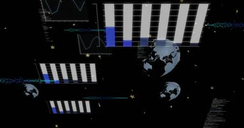 Displaying tall bar chart floating in virtual dashboard, showing blue bases, Stock Illustration