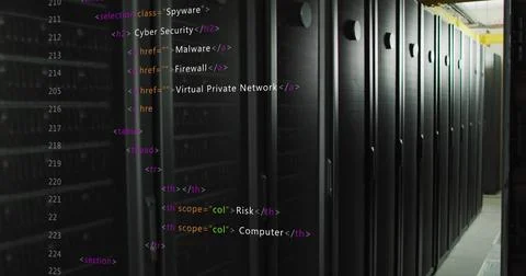 Displaying tall black server cabinets lining data center corridor, with floating Stock Illustration